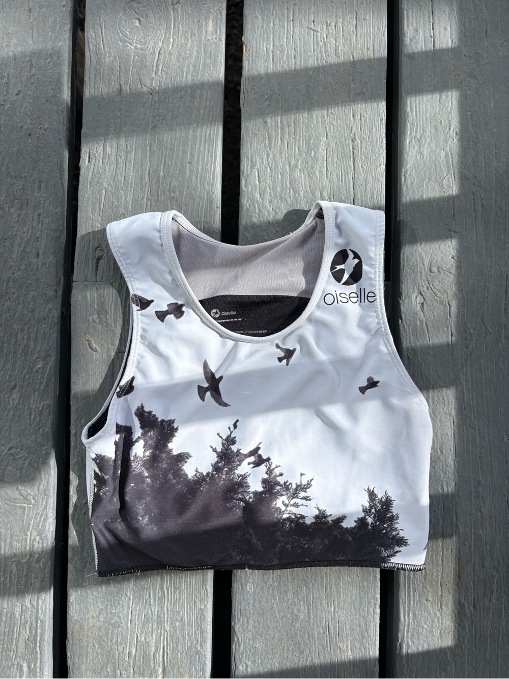 oiselle White and Black Bird Graphic Racerback Sports Bra